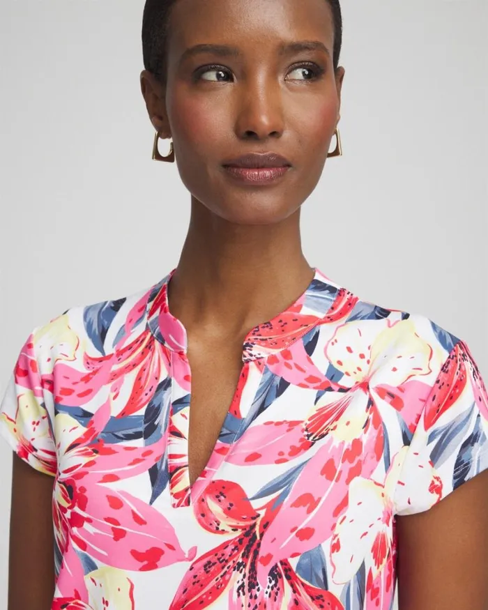 Chico039s Activewear Zenergy UPF Floral Cap Sleeve Polo Pink Bromeliad 8211 Clothing