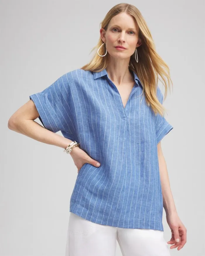 Chico039s Blouses and Shirts Linen Stripe Popover Top Blue 8211 Clothing