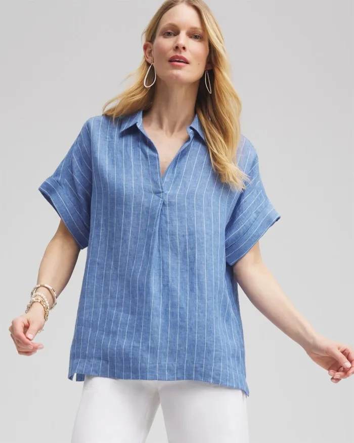 Chico039s Blouses and Shirts Linen Stripe Popover Top Blue 8211 Clothing