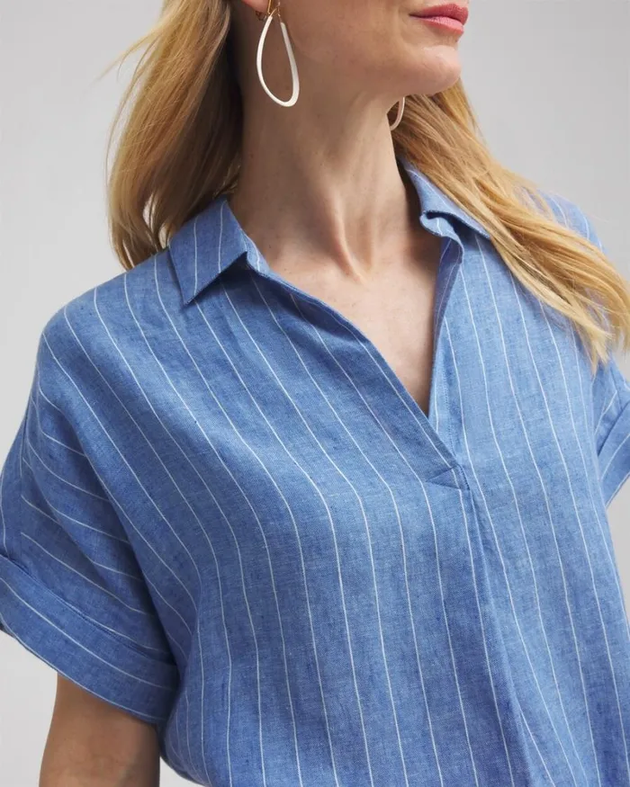 Chico039s Blouses and Shirts Linen Stripe Popover Top Blue 8211 Clothing