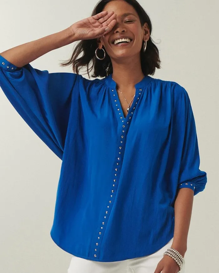 Chico039s Blouses and Shirts Stud Trim Top Intense Azure 8211 Clothing