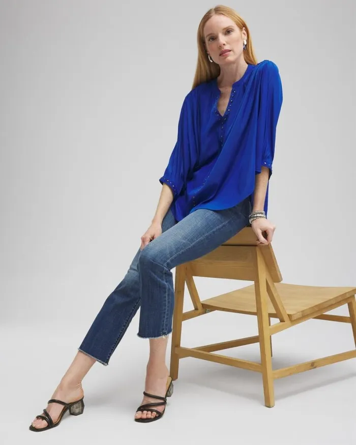 Chico039s Blouses and Shirts Stud Trim Top Intense Azure 8211 Clothing