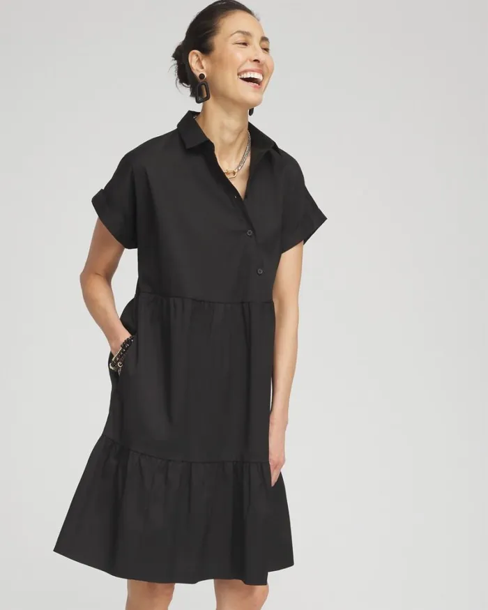Chico039s Dresses Poplin Diagonal Button Front Dress Black 8211 Clothing