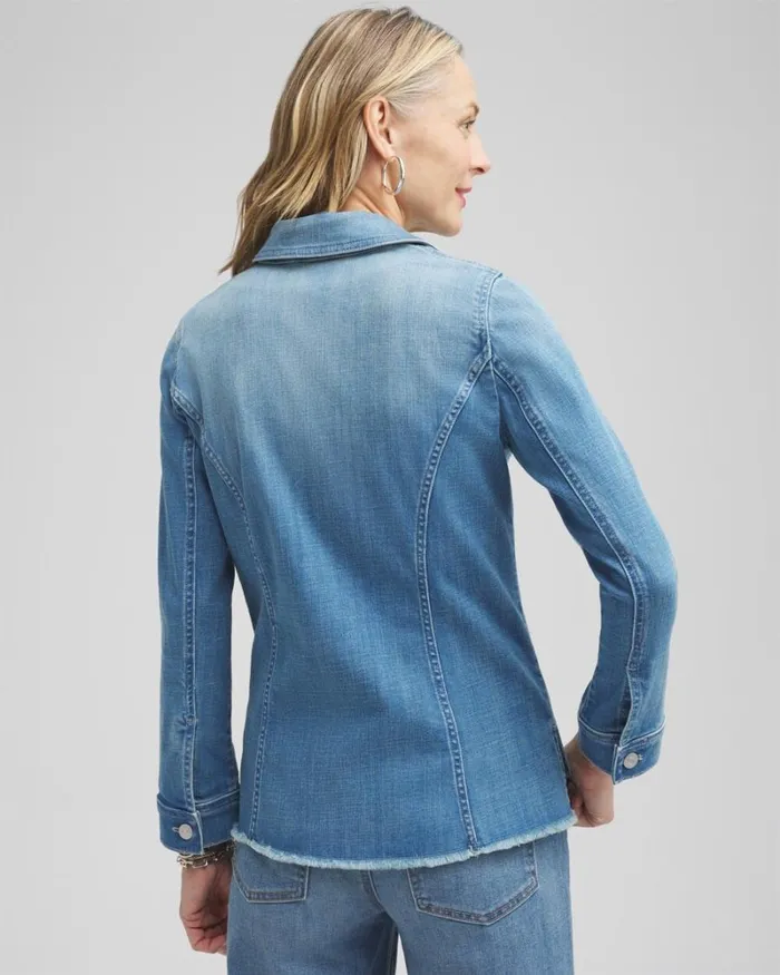 Chico039s Jackets and Coats Indigo Frayed Hem Denim Jacket Delphine Indigo 8211 Clothing