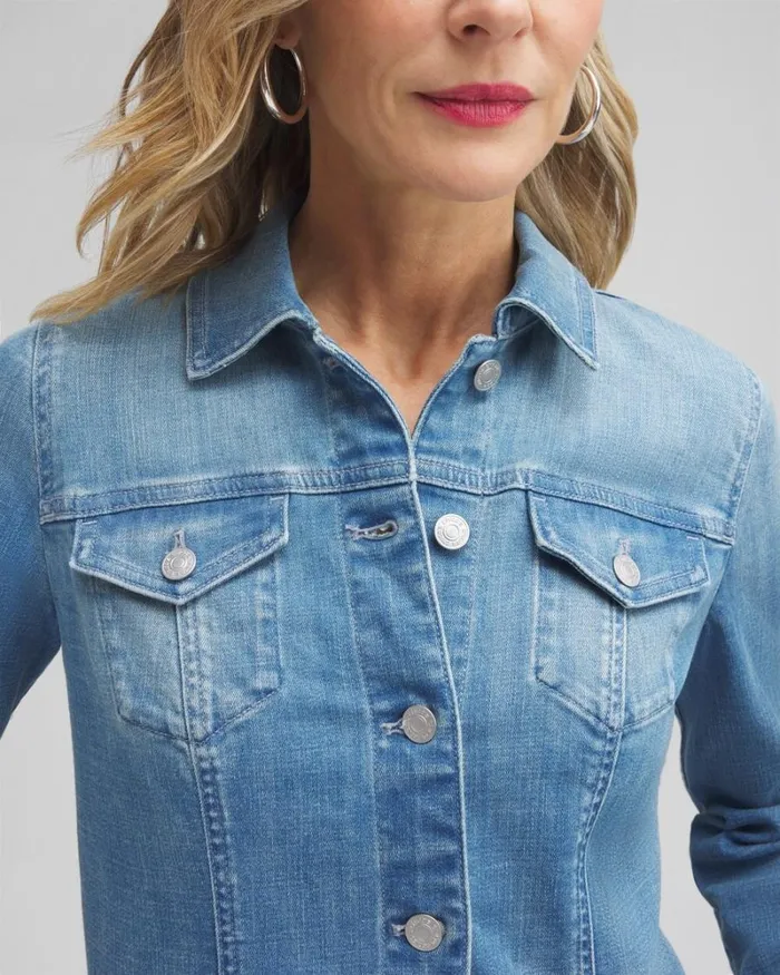 Chico039s Jackets and Coats Indigo Frayed Hem Denim Jacket Delphine Indigo 8211 Clothing