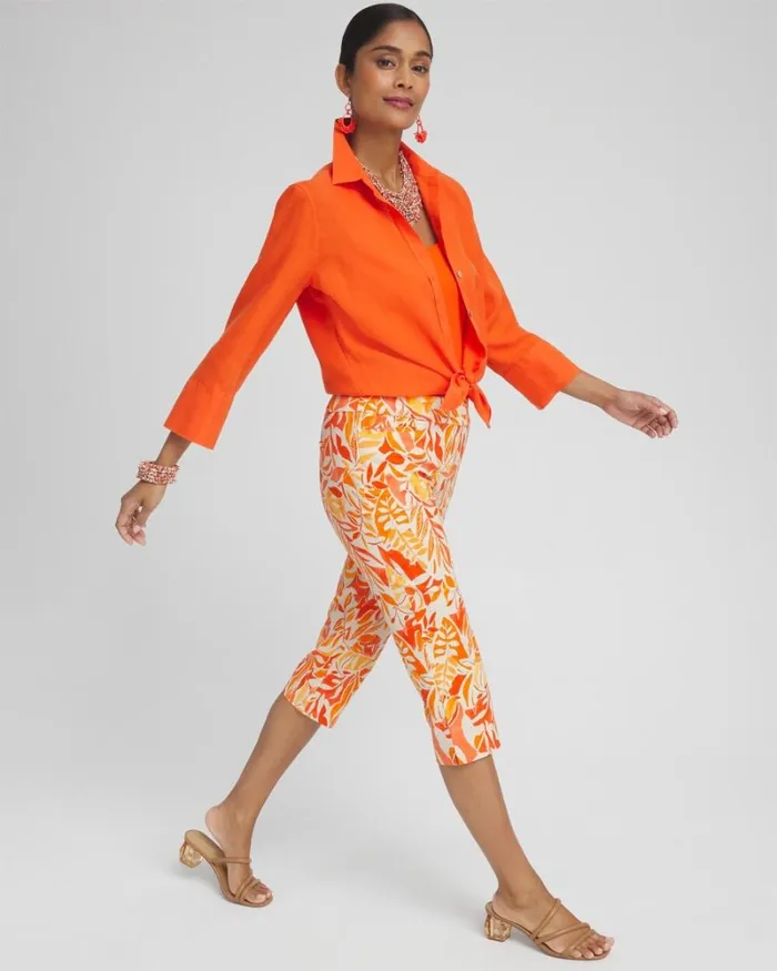 Chico039s Pants Brigitte Leaf Print Capris Natural Tan 8211 Clothing