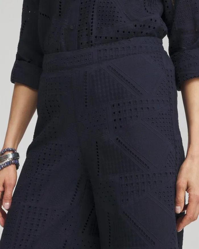 Chico039s Pants Geo Eyelet Soft Cropped Pants Classic Navy 8211 Clothing