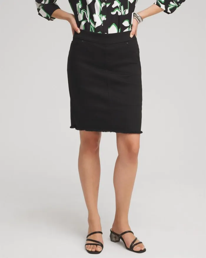 Chico039s Skirts Pullon Fray Hem Denim Skort Black 8211 Clothing