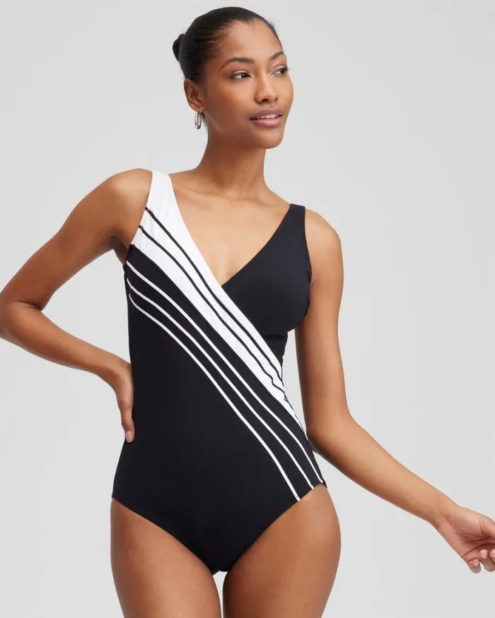 Chico039s Swim Gottex Vneck One Piece Swimsuit Blackwhite 8211 Clothing