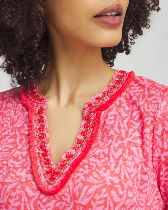 Chico039s Tees Linen Reef Embellished Tunic Watermelon Punch 8211 Clothing