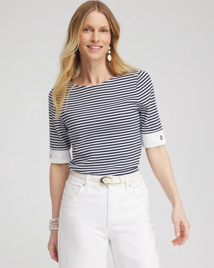 Chico039s Tees Stripe Grommet Detail Tee Classic Navy 8211 Clothing