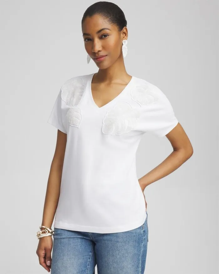Chico039s Tops Beaded Cotton Stretch Tee Alabaster 8211 Clothing
