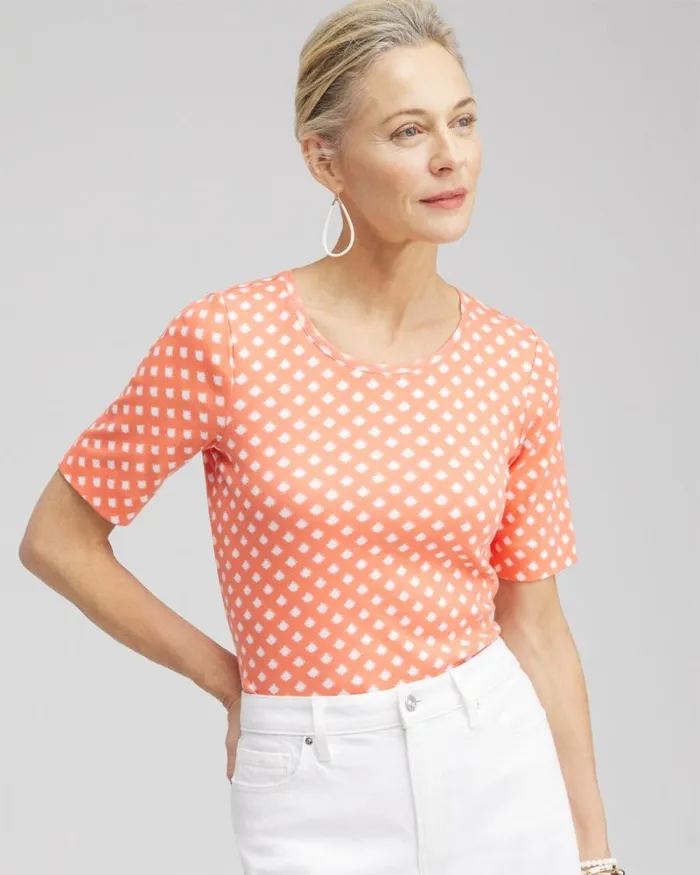 Chico039s Tops Checkered Everyday Elbow Sleeve Tee Nectarine 8211 Clothing