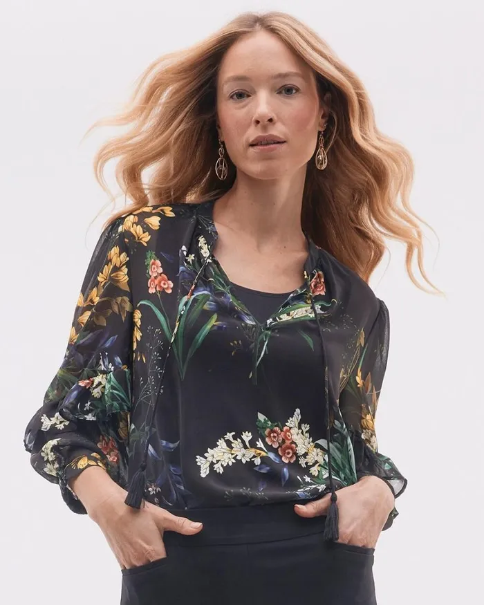 Chico039s Tops Chiffon Floral Ruffle Sleeve Blouse Black 8211 Clothing