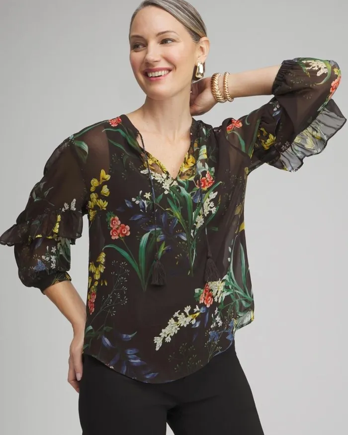 Chico039s Tops Chiffon Floral Ruffle Sleeve Blouse Black 8211 Clothing