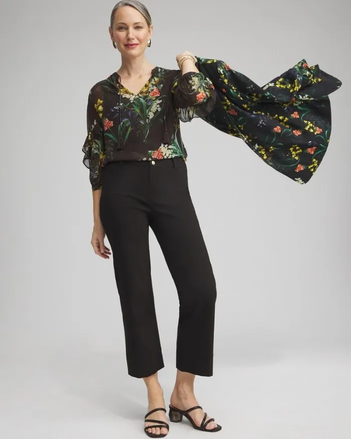 Chico039s Tops Chiffon Floral Ruffle Sleeve Blouse Black 8211 Clothing