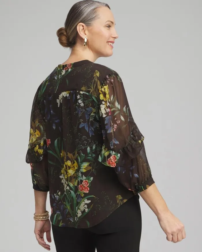 Chico039s Tops Chiffon Floral Ruffle Sleeve Blouse Black 8211 Clothing