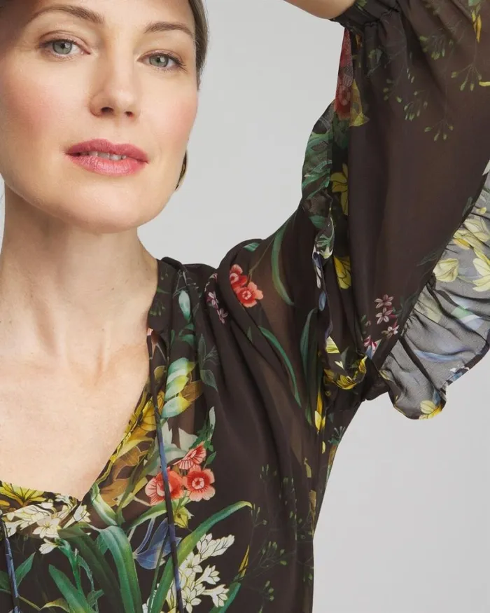 Chico039s Tops Chiffon Floral Ruffle Sleeve Blouse Black 8211 Clothing