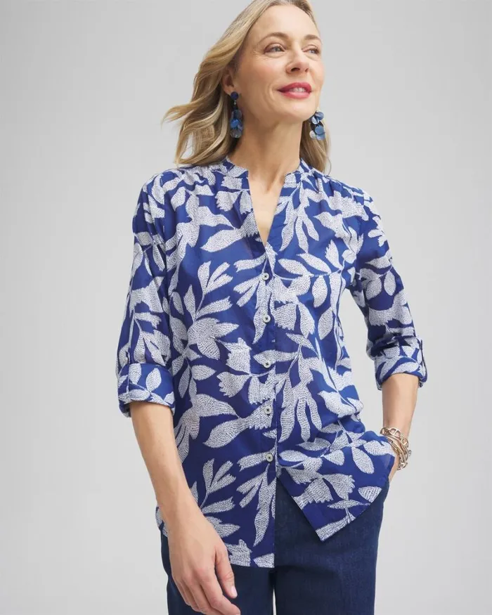 Chico039s Tops Cotton Leaf Print Shirt Evening Eclipse 8211 Clothing