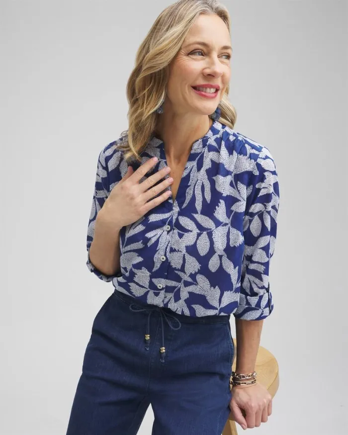 Chico039s Tops Cotton Leaf Print Shirt Evening Eclipse 8211 Clothing