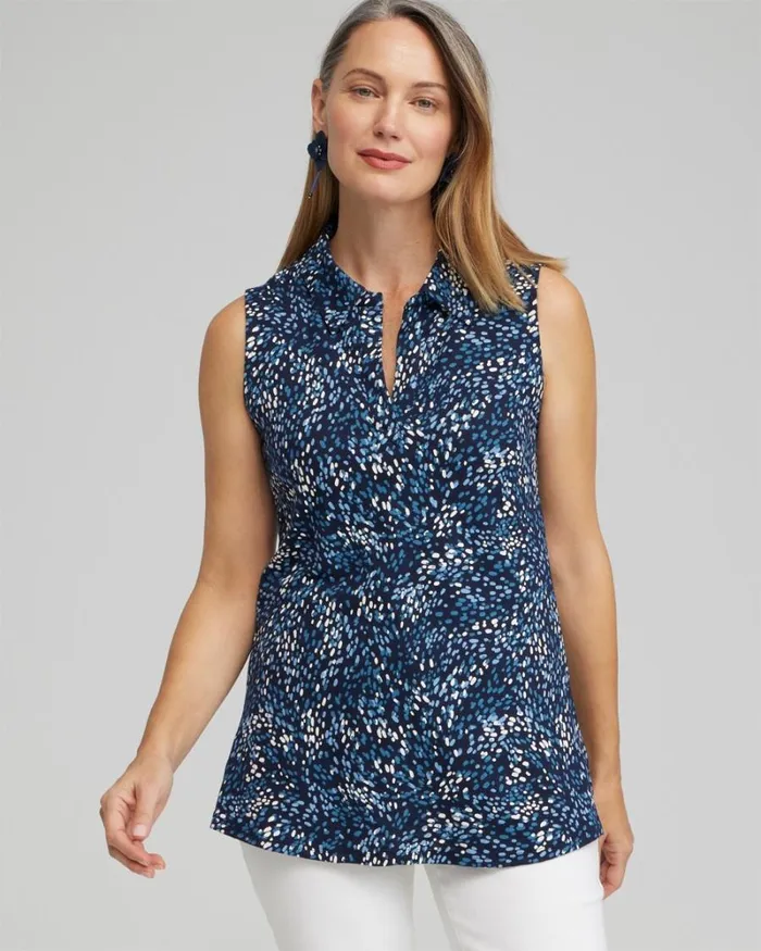 Chico039s Tops Dot Print Collared Tunic Tank Classic Navy 8211 Clothing