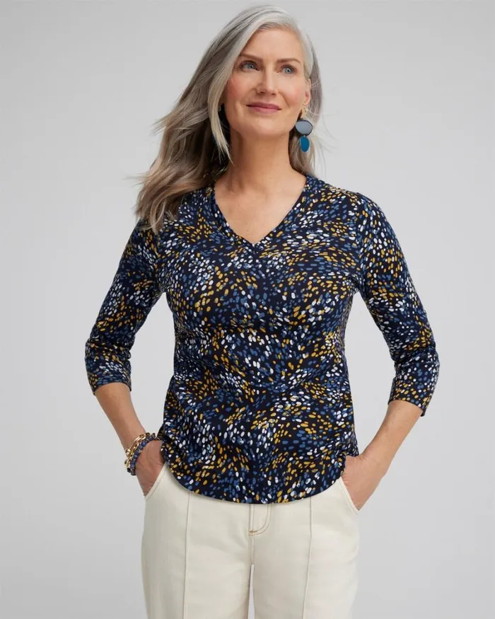 Chico039s Tops Dot Print Vneck 34 Sleeve Tee Blue Echo 8211 Clothing