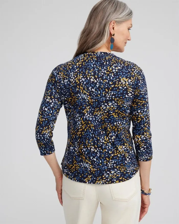 Chico039s Tops Dot Print Vneck 34 Sleeve Tee Blue Echo 8211 Clothing