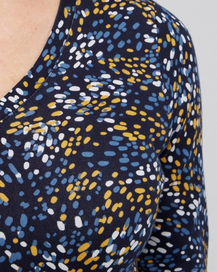 Chico039s Tops Dot Print Vneck 34 Sleeve Tee Blue Echo 8211 Clothing