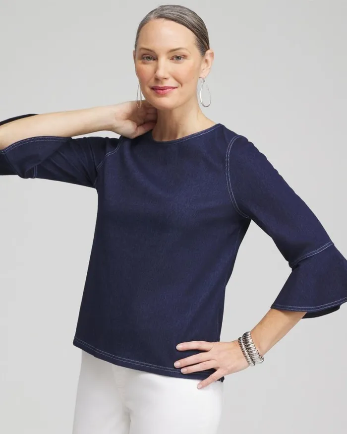 Chico039s Tops Faux Denim Trumpet Sleeve Top Dark Denim 8211 Clothing