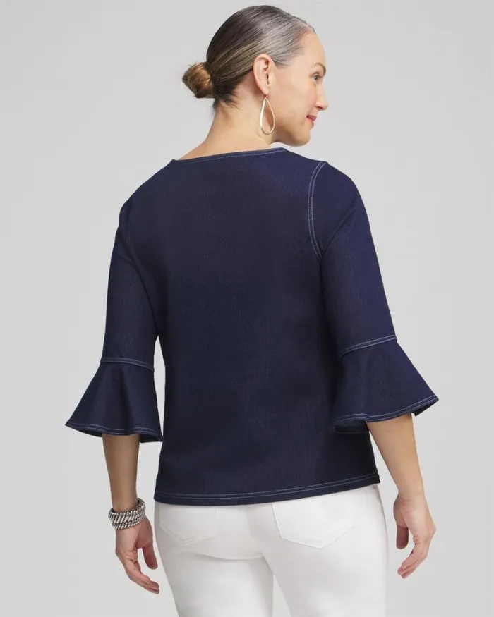Chico039s Tops Faux Denim Trumpet Sleeve Top Dark Denim 8211 Clothing