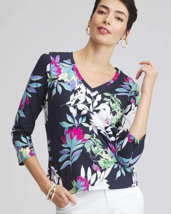 Chico039s Tops Floral 34 Sleeve Perfect Tee Classic Navy 8211 Clothing