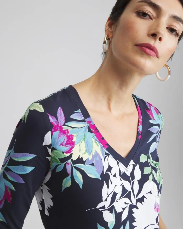 Chico039s Tops Floral 34 Sleeve Perfect Tee Classic Navy 8211 Clothing