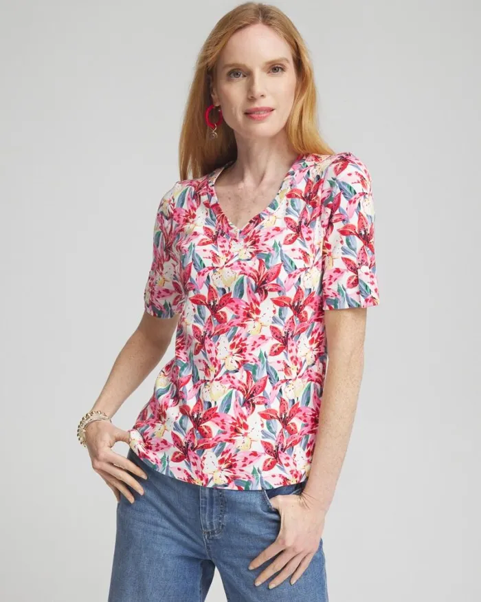 Chico039s Tops Floral Everyday Vneck Tee Watermelon Punch 8211 Clothing