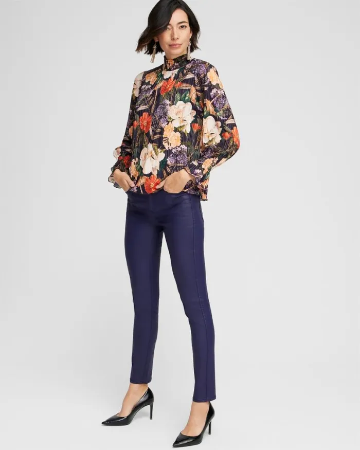 Chico039s Tops Floral Mock Neck Crinkle Top Dewberry 8211 Clothing