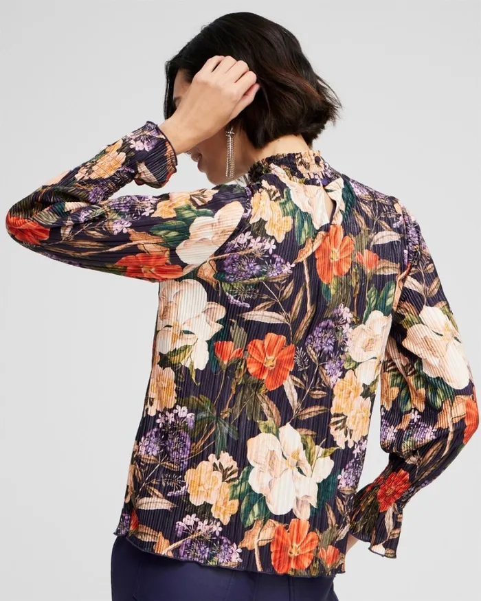 Chico039s Tops Floral Mock Neck Crinkle Top Dewberry 8211 Clothing