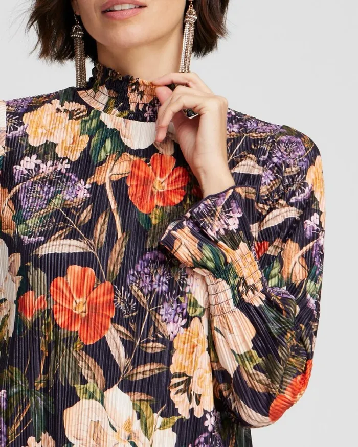 Chico039s Tops Floral Mock Neck Crinkle Top Dewberry 8211 Clothing