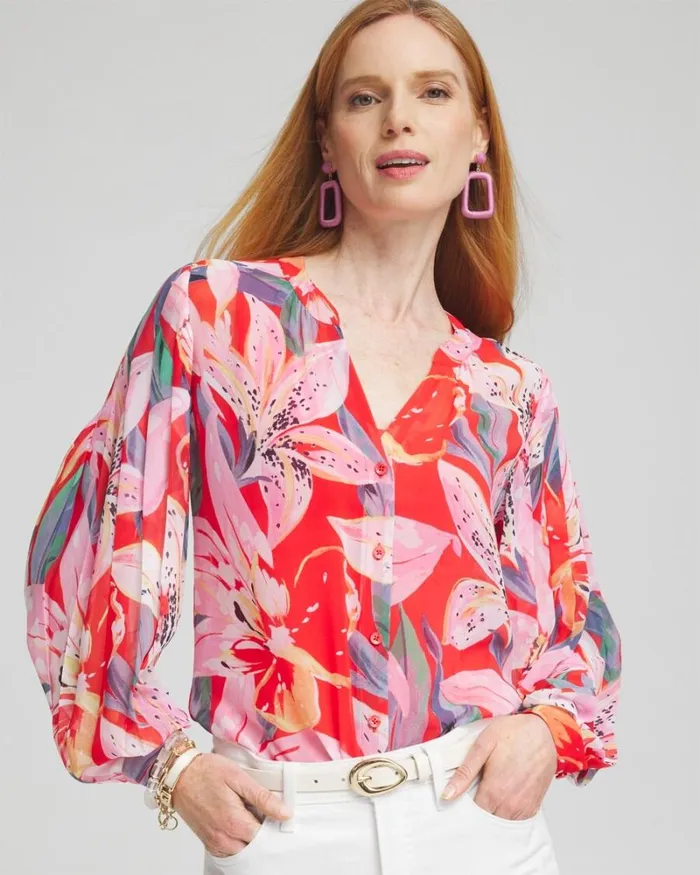 Chico039s Tops Floral Pleated Sleeve Blouse Watermelon Punch 8211 Clothing