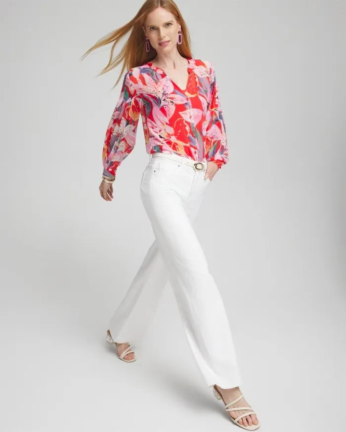 Chico039s Tops Floral Pleated Sleeve Blouse Watermelon Punch 8211 Clothing