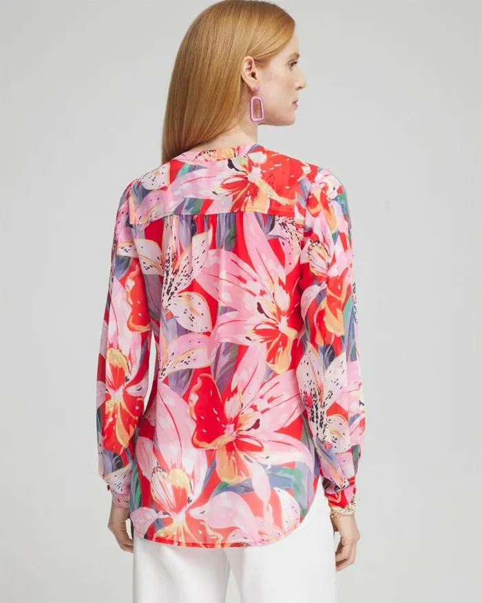 Chico039s Tops Floral Pleated Sleeve Blouse Watermelon Punch 8211 Clothing