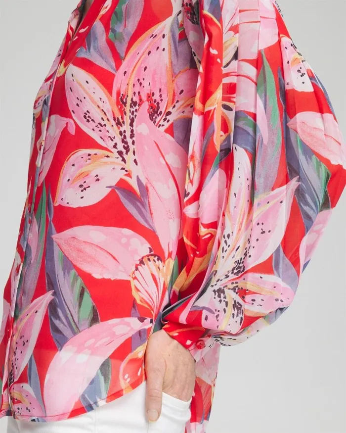 Chico039s Tops Floral Pleated Sleeve Blouse Watermelon Punch 8211 Clothing