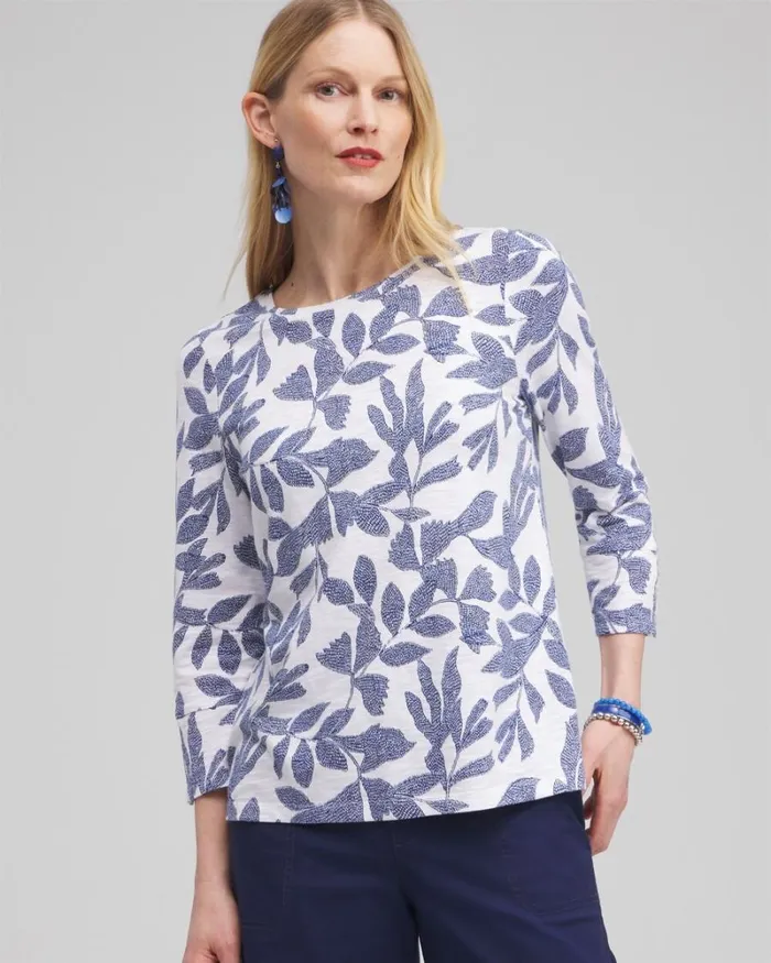 Chico039s Tops Leaf Print 34 Sleeve Button Tee Classic Navy 8211 Clothing