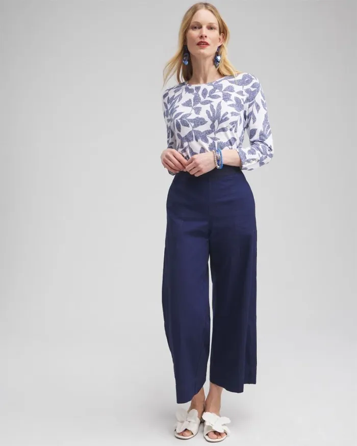 Chico039s Tops Leaf Print 34 Sleeve Button Tee Classic Navy 8211 Clothing