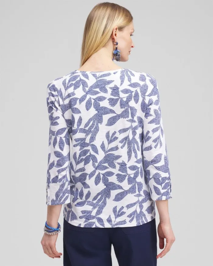Chico039s Tops Leaf Print 34 Sleeve Button Tee Classic Navy 8211 Clothing