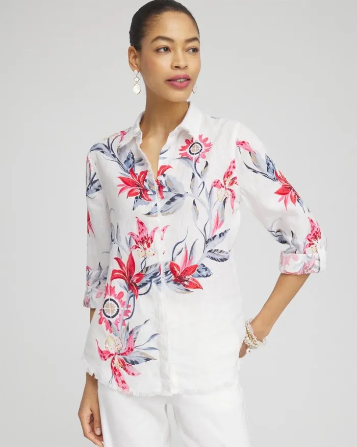 Chico039s Tops Linen Floral Fringe Shirt Alabaster 8211 Clothing
