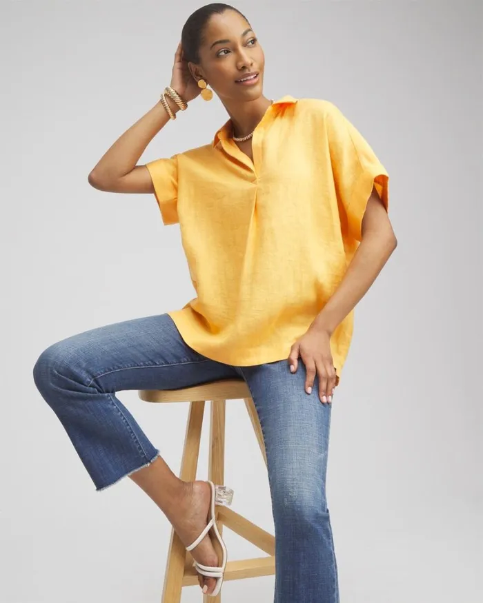 Chico039s Tops Linen Popover Top Mango Sorbet 8211 Clothing