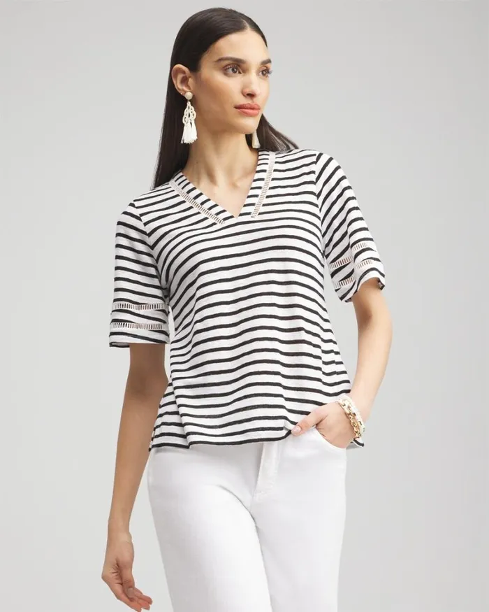 Chico039s Tops Linen Stripe Ladder Lace Tee Alabaster 8211 Clothing