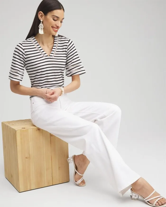 Chico039s Tops Linen Stripe Ladder Lace Tee Alabaster 8211 Clothing