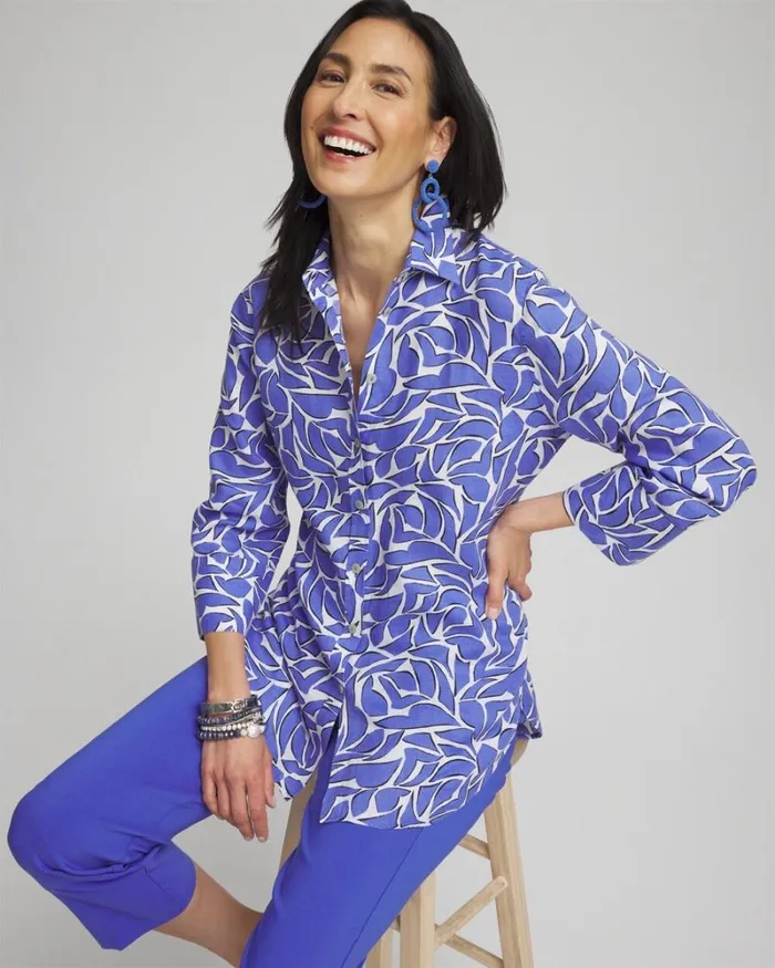 Chico039s Tops No Ironand8482 Linen Abstract 34 Sleeve Shirt Purple Nightshade 8211 Clothing