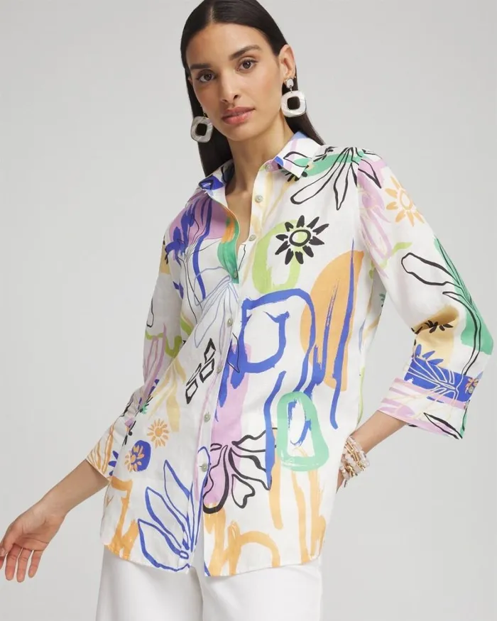 Chico039s Tops No Ironand8482 Linen Surreal 34 Sleeve Shirt Dynasty Yellow 8211 Clothing