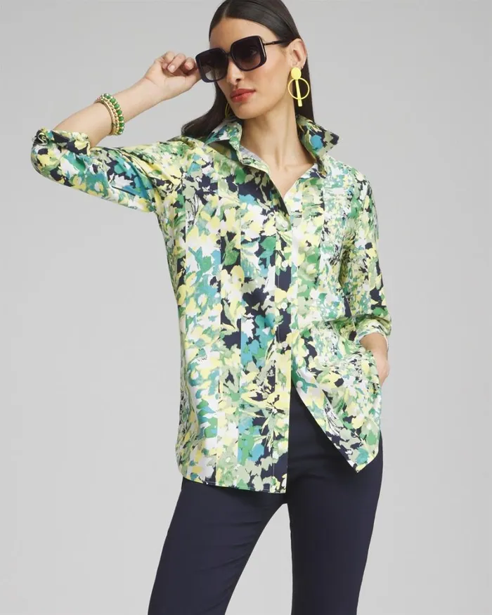 Chico039s Tops No Iron Stretch Floral 34 Sleeve Tunic Verdant Green 8211 Clothing